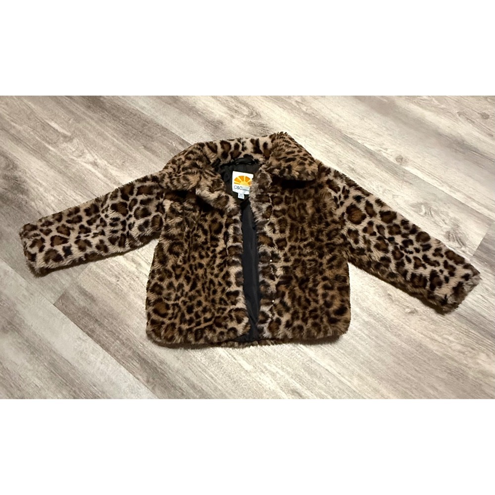 C&C California Girls Leopard Faux Fur Coat Brown Animal Print Jacket Size 4T